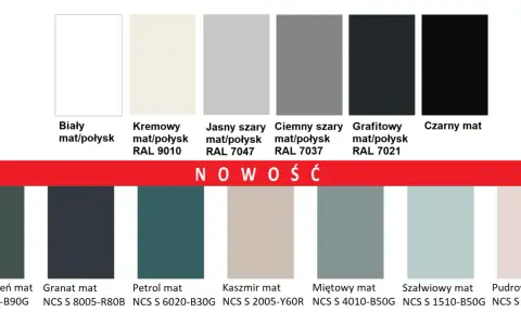 Paleta kolorów: od białego, przez kremowy, jasny i ciemny szary, po grafitowy mat/połysk RAL 7021, czarny mat i odcienie zieleni, granatu, petrolu, kaszmiru, mięty, szałwii i pudrowego różu.