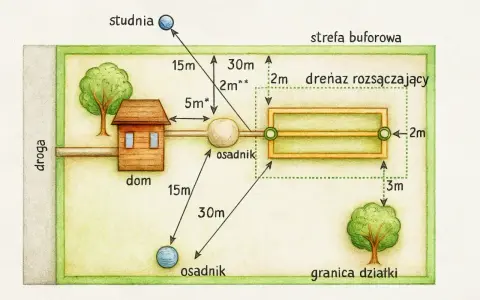 Schemat rozmieszczenia elementów oczyszczalni ścieków na działce. Pokazuje dom, studnię, osadnik i drenaż rozsączający, uwzględniając odległości kluczowe dla kosztu budowy oczyszczalni ścieków.