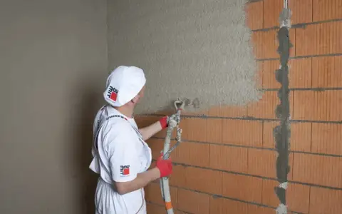 Pracownik w białym stroju nakłada tynki cementowo wapienne na ścianę z pustaków ceramicznych za pomocą agregatu tynkarskiego.