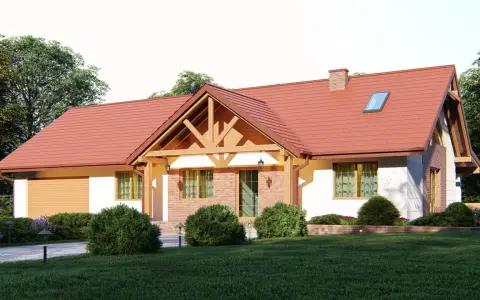 Dom w stylu kolonialnym z czerwoną dachówką, ceglanymi elementami i drewnianą werandą.
