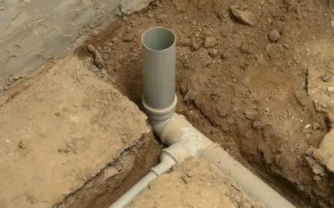 Rozpoczęta budowa kanalizacji. Szare rury PVC połączone w wykopie ziemnym, gotowe do dalszych prac.