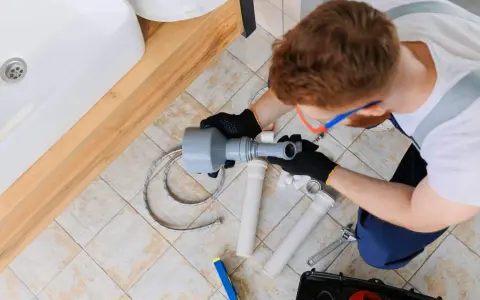 Hydraulik z narzędziem wuko naprawia odpływ pod umywalką.