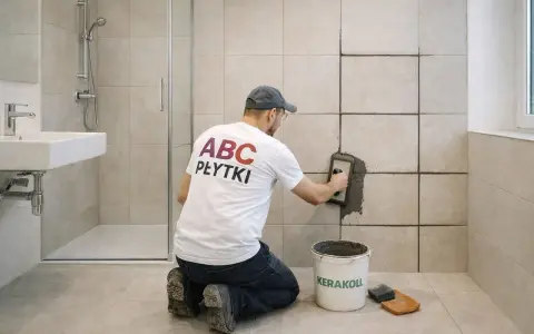 Fachowiec nakłada fugę na płytki w łazience. Obok stoi wiadro z zaprawą i gąbka.