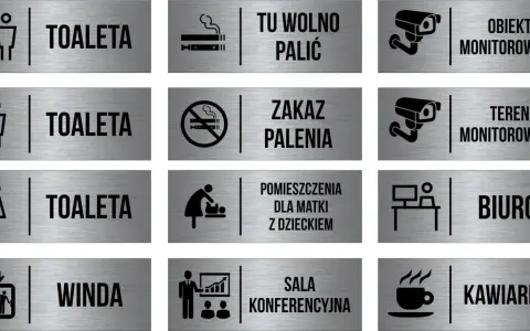 Zestaw oznaczeń toalet, wind, biura, kawiarni i innych pomieszczeń.