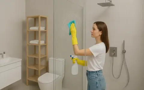 Kobieta w żółtych rękawiczkach czyści szklaną kabinę prysznicową, używając niebieskiej ściereczki i sprayu. Dowiedz się, czym umyć kabinę prysznicową ze szkła, by lśniła czystością.