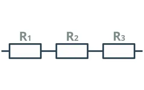 Schemat obwodu elektrycznego z trzema rezystorami R1, R2, R3 połączonymi szeregowo.