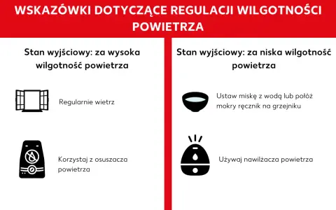 Porady jak regulować jaka wilgotność w domu: wietrz przy za wysokiej, użyj nawilżacza przy za niskiej.