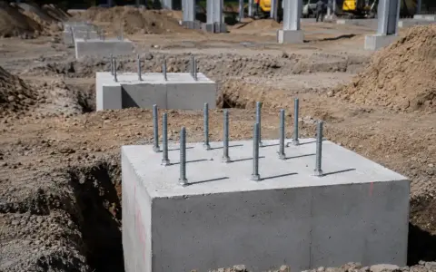 Solidne fundamenty z żelbetonu z wystającymi śrubami czekają na konstrukcję.