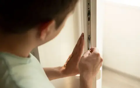 Mężczyzna dokonuje regulacji drzwi balkonowych uchylnych, dokręcając śrubę śrubokrętem.