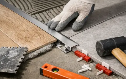 Ręka w rękawicy układa metalowy profil, który stanowi korek dylatacyjny między drewnianymi deskami a płytkami. Obok leżą narzędzia: poziomica, młotek i kliny.