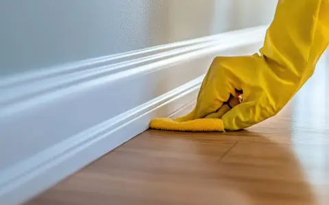 Dłoń w żółtej rękawiczce czyści białą listwę przypodłogową na drewnianej podłodze.