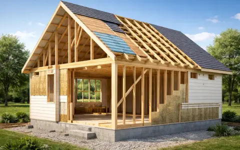 Budowa domu z dachem dwuspadowym 200m2. Widoczna konstrukcja drewniana, izolacja ścian i częściowe pokrycie dachu.