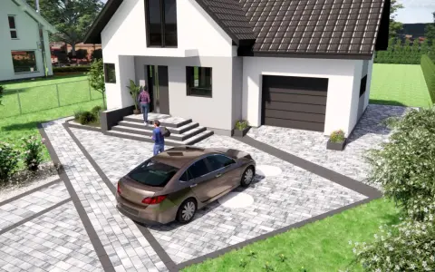 Nowoczesny projekt kostki brukowej wokół domu z podjazdem dla samochodu i schodami.