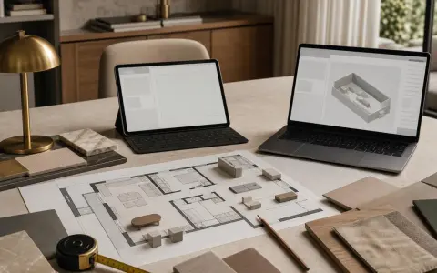 Na stole leży plan mieszkania, próbki materiałów i dwa laptopy z otwartą aplikacją do projektowania wnętrz.