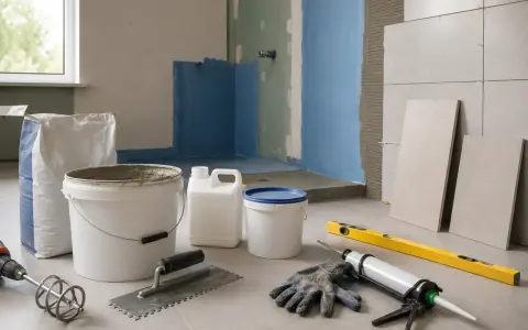 Materiały budowlane do łazienki: zaprawa, wiadra, kielnia, rękawice, paca, pistolet do silikonu, poziomica. Poznaj koszt wylewki samopoziomującej.