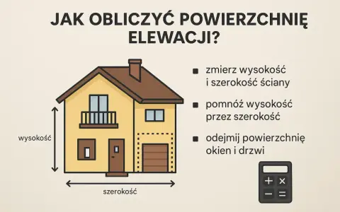Obliczanie powierzchni elewacji: zmierz wysokość i szerokość, pomnóż, odejmij okna/drzwi. Pomocne przy ustalaniu elewacja cena za m2 robocizna.