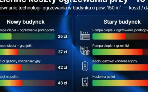 Porównanie kosztów ogrzewania gazowego i innych technologii dla domu 150 m² przy -10°C. Kocioł gazowy kondensacyjny to 42 zł/dzień.