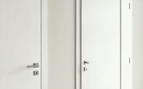 Dwie białe drzwi, jedna przylgowe, druga bezprzylgowe, z metalowymi klamkami.