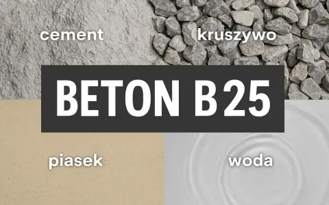 Składniki do zrobienia betonu B25: cement, kruszywo, piasek i woda.