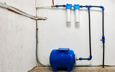 System hydrofornia z niebieskim zbiornikiem, dwoma filtrami wody i instalacją rurową.