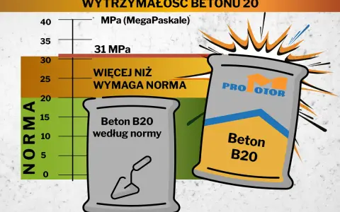 Wykres pokazuje wytrzymałość betonu B20. Beton B20 według normy ma ok. 20 MPa, a ten z worka "PRO MOTOR" przekracza 31 MPa.