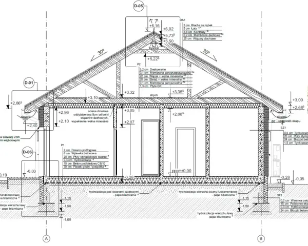 Przekrój przez budynek z detalami izolacji i konstrukcji. Projekt architektoniczno budowlany.