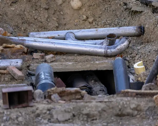 Metalowe rury tworzą skomplikowane przyłącze kanalizacyjne w wykopie. Widać fragmenty izolacji i gruzu.
