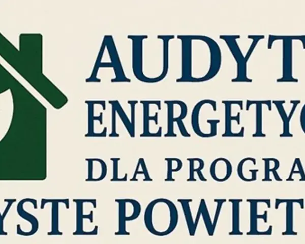 Zielony dom z liściem symbolizuje audyt energetyczny dla programu Czyste Powietrze.