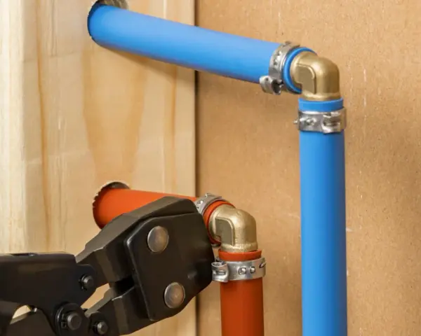 Instalacja hydrauliczna z rurami pex. Narzędzie do zaciskania łączy pomarańczową rurę z mosiężnym kolankiem.