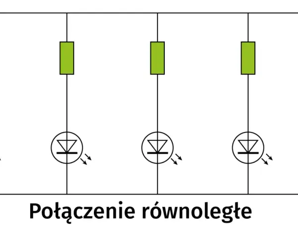 Schemat połączenia równoległego pięciu diod LED z rezystorami. Każda dioda świeci niezależnie.