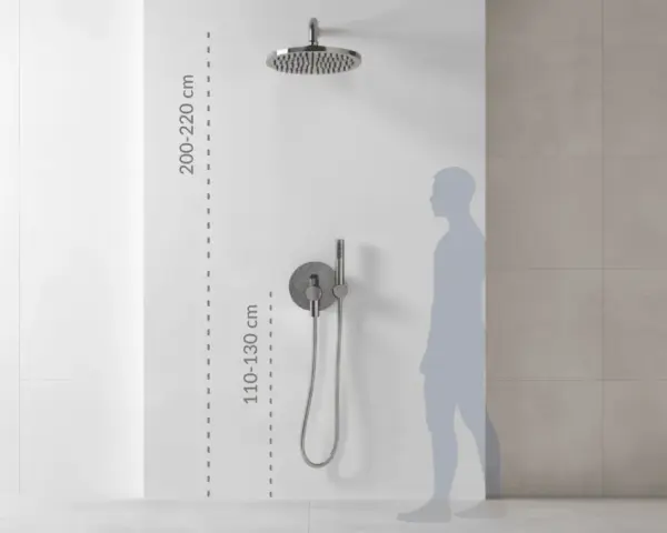 Instrukcja montażu baterii prysznicowej: wysokość deszczownicy 200-220 cm, baterii 110-130 cm.