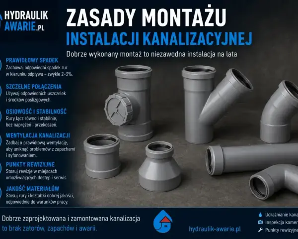 Elementy instalacji kanalizacyjnej z PVC: rury, kolanka, trójniki i rewizje. Poradnik montażu.