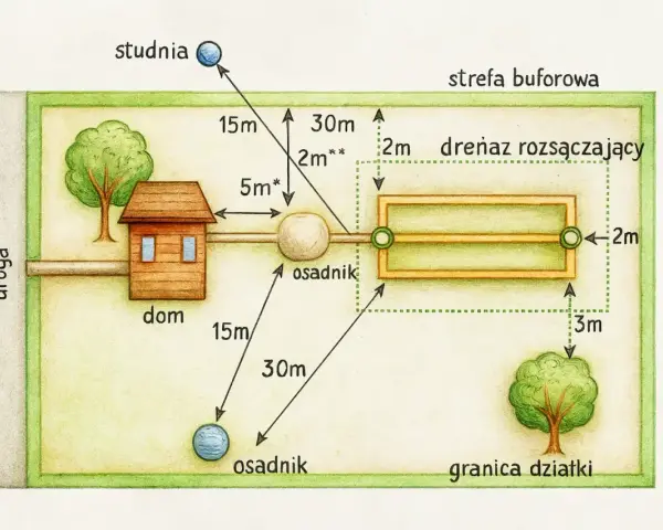 Schemat rozmieszczenia elementów oczyszczalni ścieków na działce. Pokazuje dom, studnię, osadnik i drenaż rozsączający, uwzględniając odległości kluczowe dla kosztu budowy oczyszczalni ścieków.