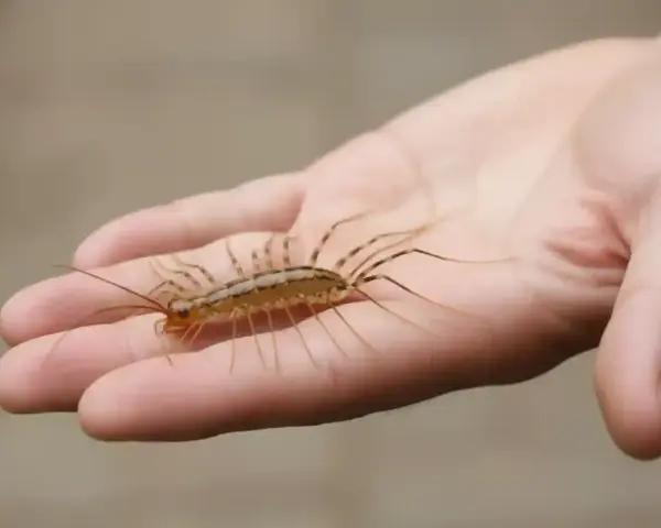 Dłoń trzyma stonogę domową, która ma wiele nóg i długie czułki.
