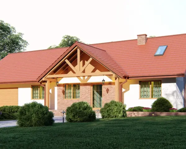 Dom w stylu kolonialnym z czerwoną dachówką, ceglanymi elementami i drewnianą werandą.