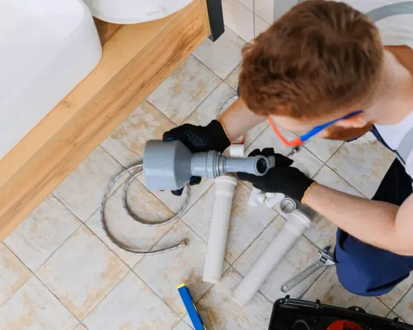 Hydraulik z narzędziem wuko naprawia odpływ pod umywalką.