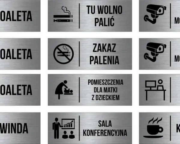 Zestaw oznaczeń toalet, wind, biura, kawiarni i innych pomieszczeń.
