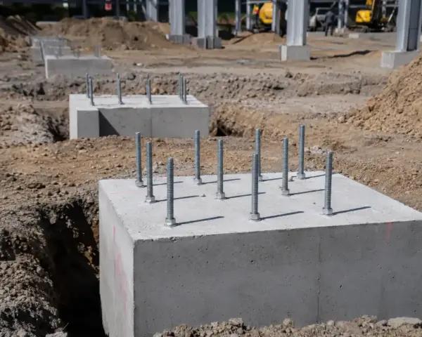 Solidne fundamenty z żelbetonu z wystającymi śrubami czekają na konstrukcję.