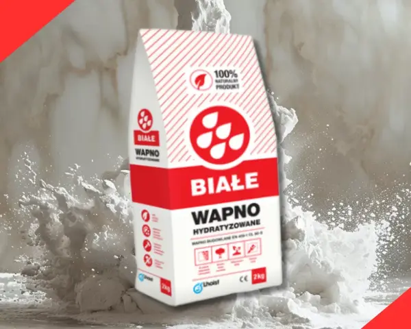 Białe wapno hydratyzowane w worku, eksplodujące w chmurze pyłu. Produkt naturalny do budowy.