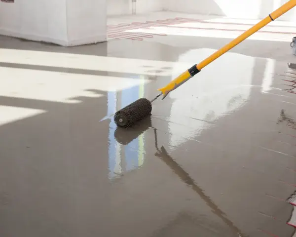 Wylewki anhydrytowe cena za 1m2. Wałek dociskowy rozprowadza świeżą masę po podłodze z ogrzewaniem podłogowym.