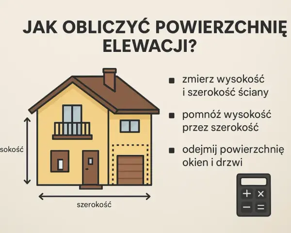 Obliczanie powierzchni elewacji: zmierz wysokość i szerokość, pomnóż, odejmij okna/drzwi. Pomocne przy ustalaniu elewacja cena za m2 robocizna.