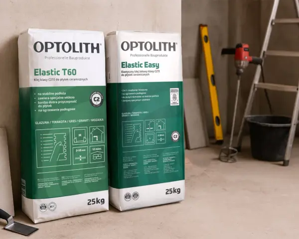 Dwa worki kleju do płytek Optolith Elastic T60 i Elastic Easy. Idealny klej do płytek ceramicznych na ogrzewanie podłogowe.