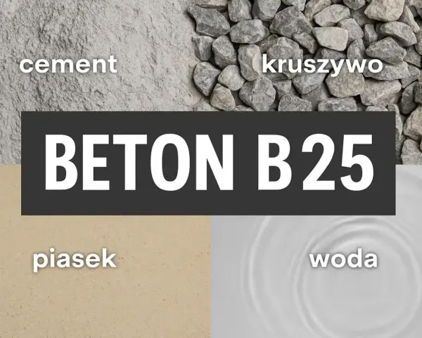 Składniki do zrobienia betonu B25: cement, kruszywo, piasek i woda.