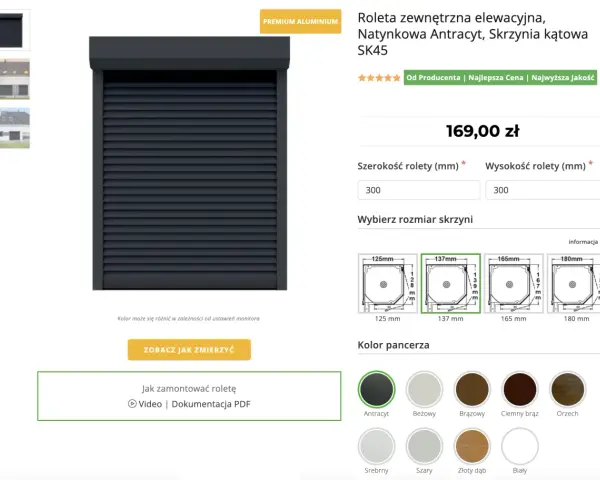 Roleta zewnętrzna antracytowa, cena za m2. Wybierz wymiary i kolor pancerza.