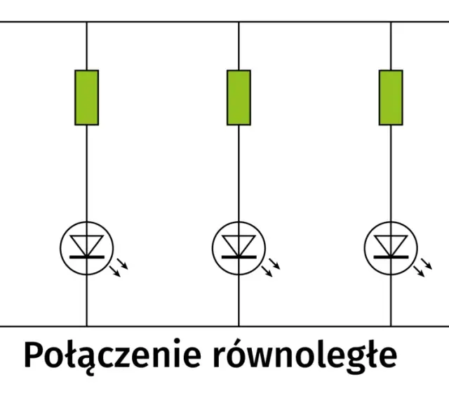 Schemat połączenia równoległego pięciu diod LED z rezystorami. Każda dioda świeci niezależnie.