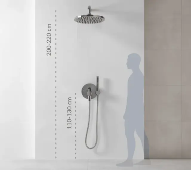 Instrukcja montażu baterii prysznicowej: wysokość deszczownicy 200-220 cm, baterii 110-130 cm.