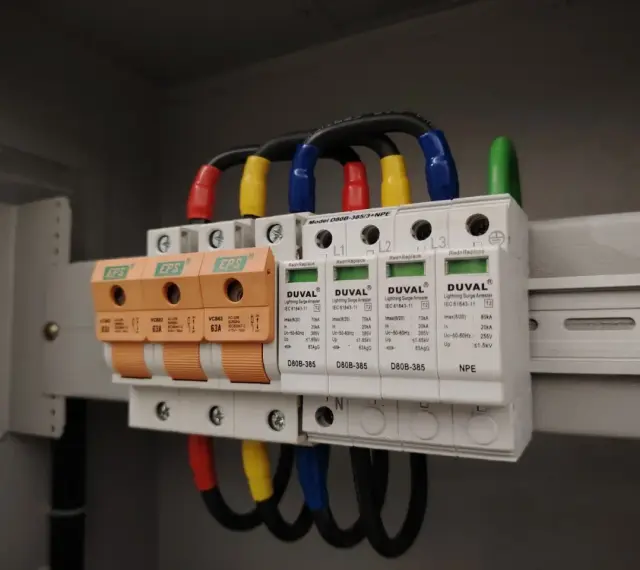 W skrzynce elektrycznej zamontowano przepięciówkę chroniącą instalację przed wyładowaniami atmosferycznymi.