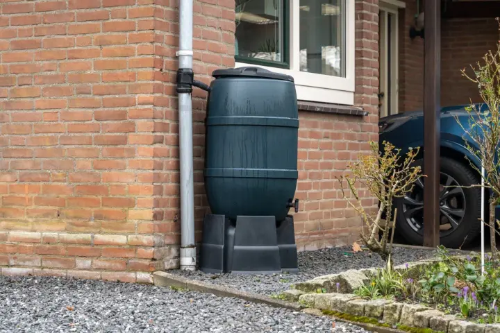Zbiornik na deszczówkę przy ceglanym domu, idealny do zbierania wody deszczowej. Dofinansowanie do deszczówki może pomóc w zakupie.
