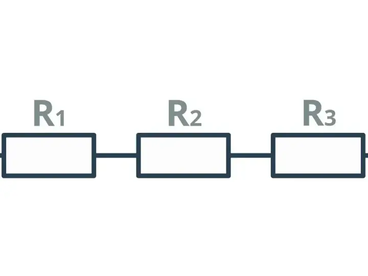 Schemat obwodu elektrycznego z trzema rezystorami R1, R2, R3 połączonymi szeregowo.