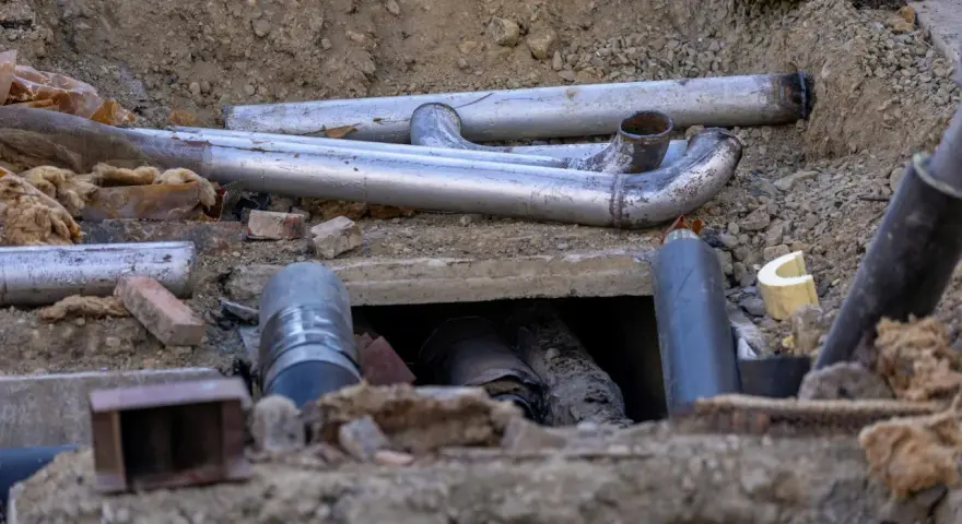 Metalowe rury tworzą skomplikowane przyłącze kanalizacyjne w wykopie. Widać fragmenty izolacji i gruzu.